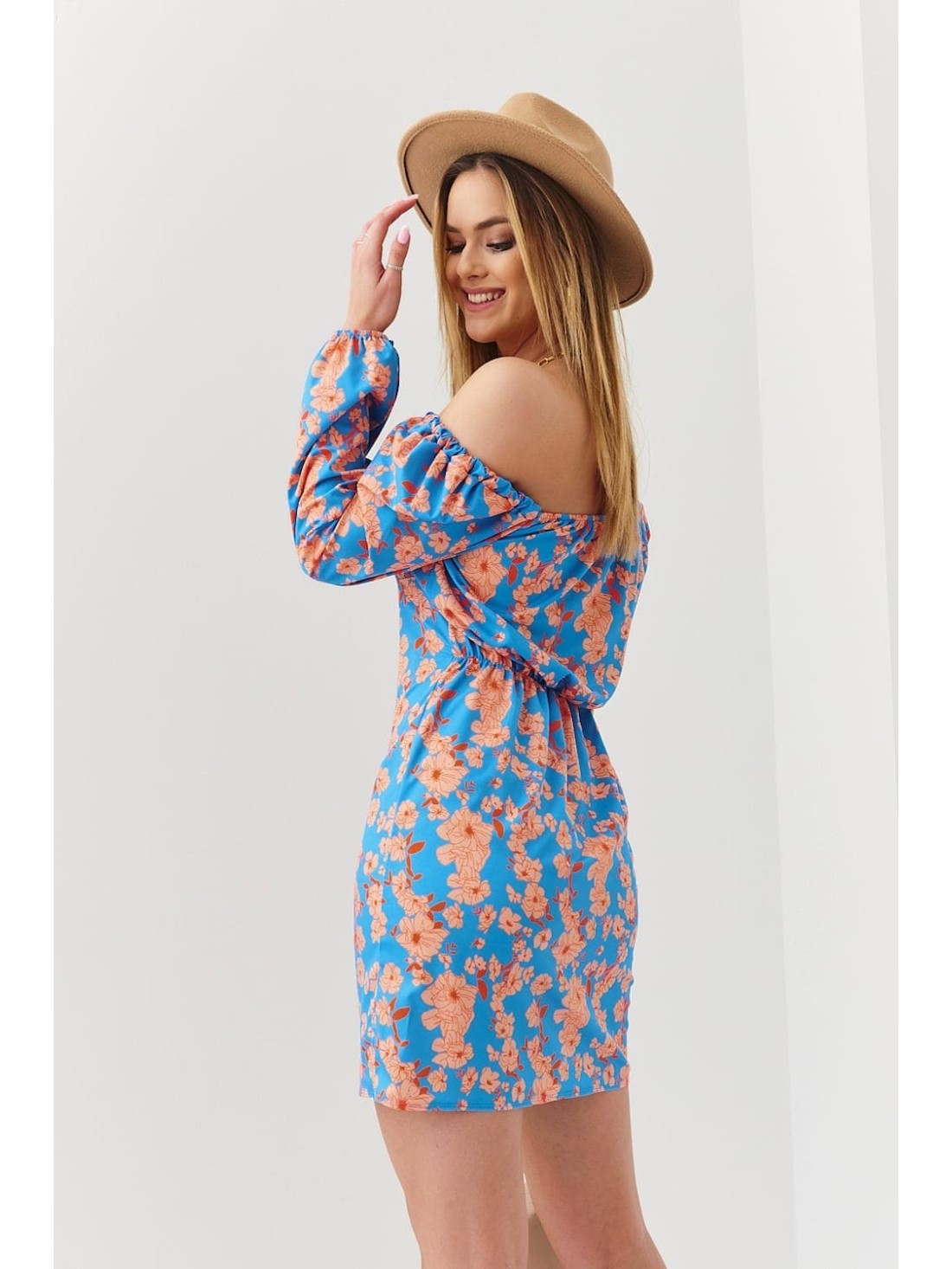 Lovely dress with a floral pattern, blue and orange 0853 - Online store - Boutique